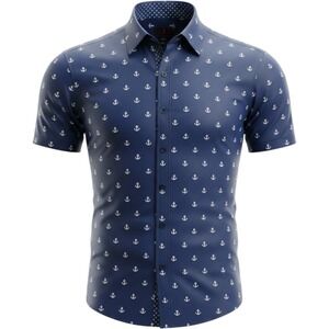 BC Collection Anchor Print Shirt Mens 2XL Navy Blue‎ NEW Short Sleeve Button Up